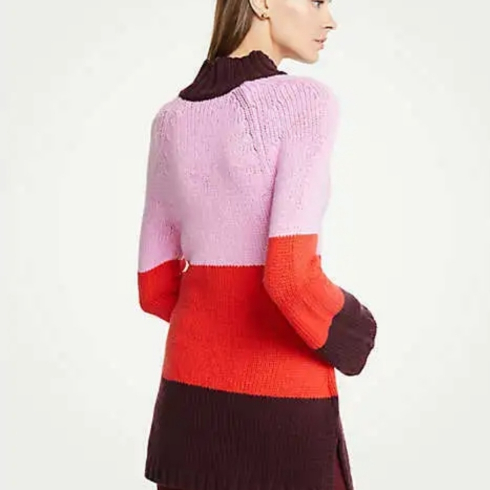 Ann Taylor Colorblock Pink Orange Maroon Mock Neck Bell Sleeve Tunic Sweater